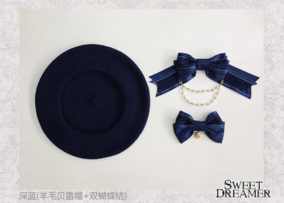 (BuyForMe) SweetDreamer~Vasiliza~Japanese Style Lolita Beret free size navy blue (wool beret+2 bows) 