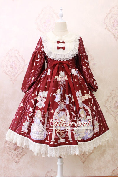 Alice Girl~Sweet Lolita OP Dress Angel Print Lace Ruffle Dress S wine red 