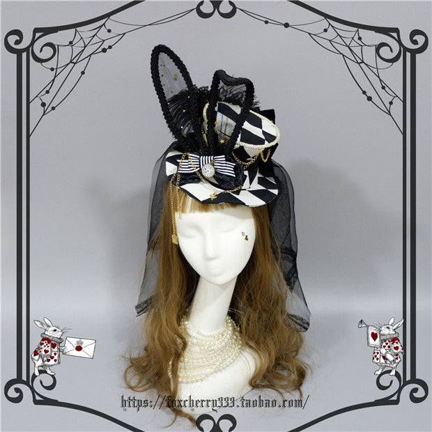 Fox cherry - Lolita Alice Clock Rabbit Ear Tulle Top Hat One Size