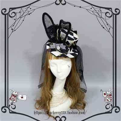 Fox cherry~Lolita Alice Clock Rabbit Ear Tulle Top Hat free size  
