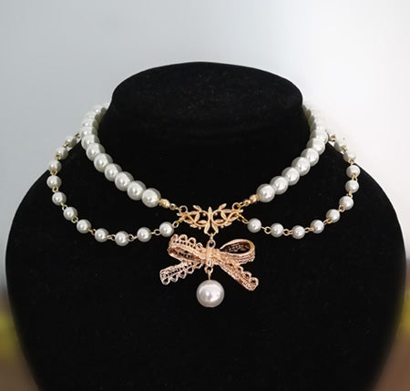 Rose of Sharon - Pearl Chain Lace Bow Lolita Kawaii Necklace upgraded version