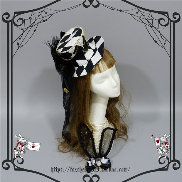 Fox cherry~Lolita Alice Clock Rabbit Ear Tulle Top Hat   