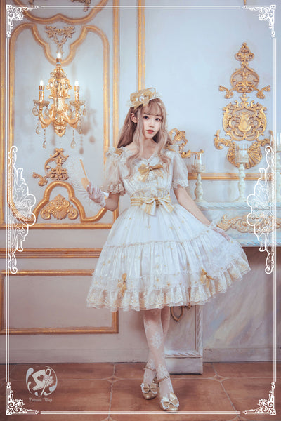 Fantastic Wind ~ Princess Stamping Embroidery  Lolita OP S white gold short sleeves and short dress 