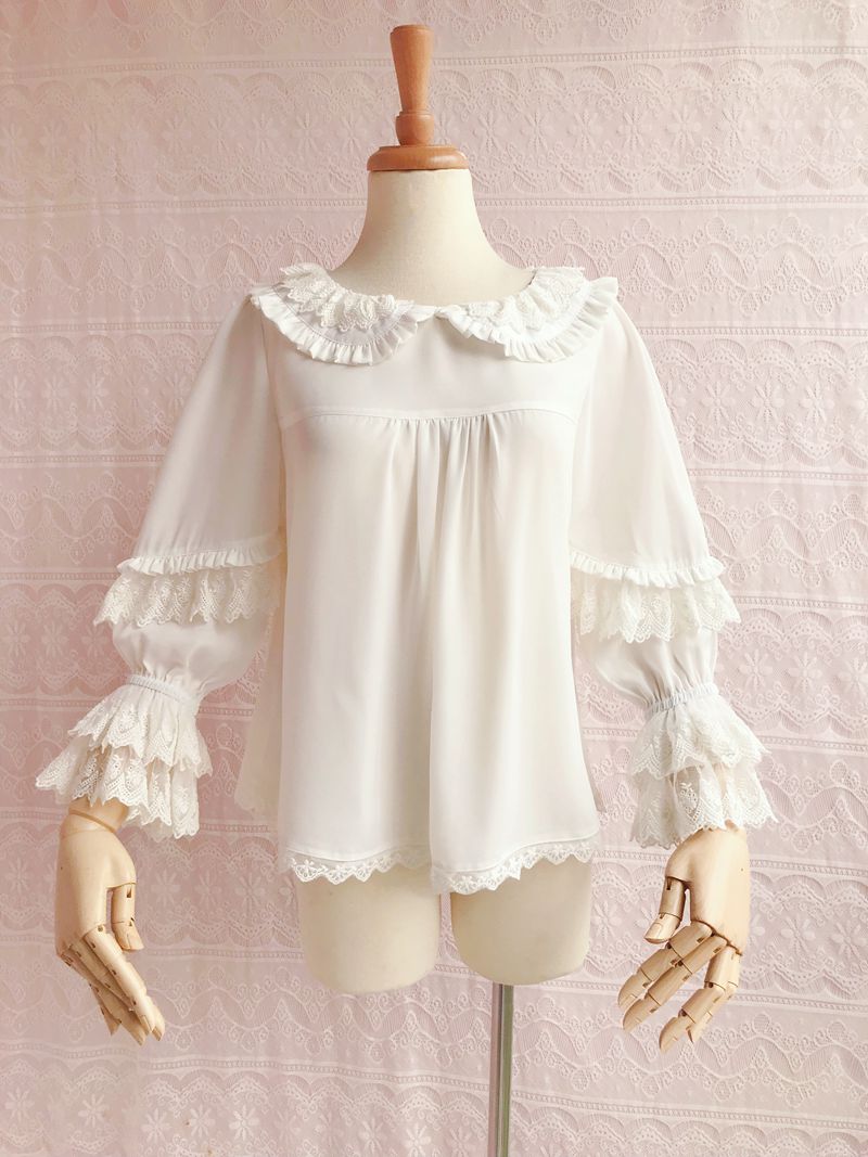 Yilia - Kawaii Lolita Nine Sleeve Chiffon Blouse XL white