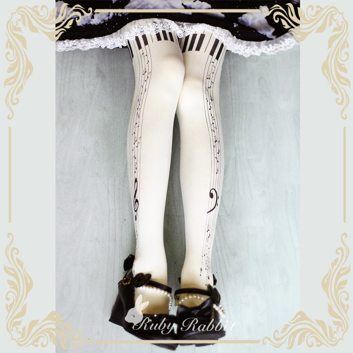 Ruby Rabbit - Piano Keys 120D Velvet Lolita Tights L Milk White