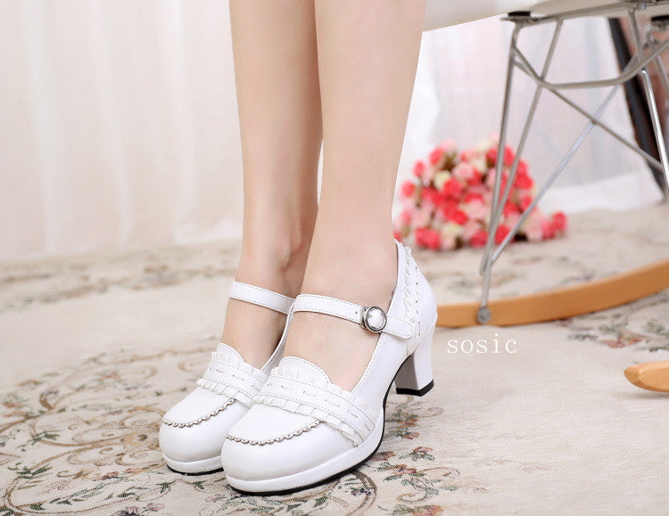 Sosic - Sweet High-heeled Plain Color Lolita Shoes 33 white