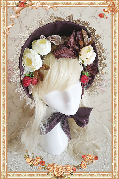 (Buyforme) Infanta~ Doll House~Flower Lace Lolita Bonnet coffee bonnet with flowers and red bow  