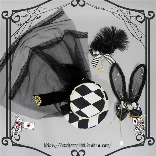 Fox cherry~Lolita Alice Clock Rabbit Ear Tulle Top Hat   