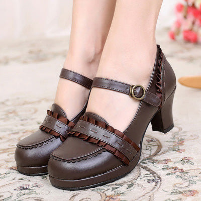 Sosic - Sweet High-heeled Plain Color Lolita Shoes 33 coffee
