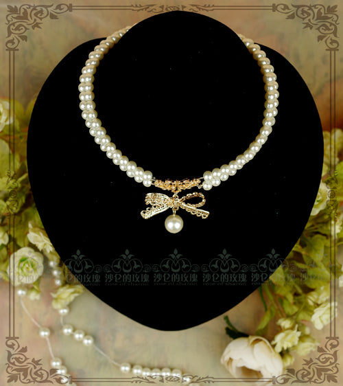 Rose of Sharon - Pearl Chain Lace Bow Lolita Kawaii Necklace