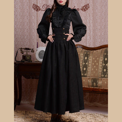 Lace Garden - Magic Academy - Retro Elegant Lolita Blouse and Skirt Set S black set（black blouse+black long skirt）