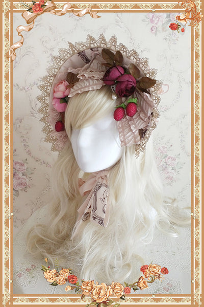 (Buyforme) Infanta~ Doll House~Flower Lace Lolita Bonnet apricot bonnet with red flower  