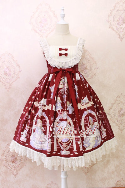 Alice Girl~Sweet Lolita Jumper Dress~Angel Print Lolita JSK S wine red 