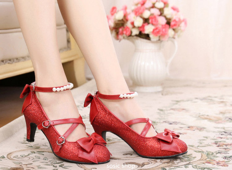 Sosic shop~Japanese Style Sequins Bow High Heels 33 red 