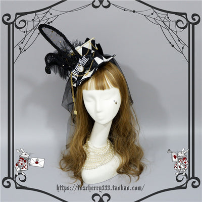Fox cherry~Lolita Alice Clock Rabbit Ear Tulle Top Hat   