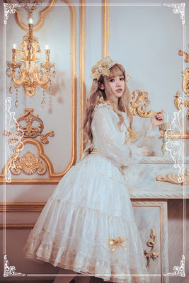 Fantastic Wind ~ Princess Stamping Embroidery  Lolita OP S white gold long sleeves and long dress 