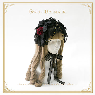 SweetDreamer~Little Dorrit Lolita Lace Bow Hairband black hairband and red flower  