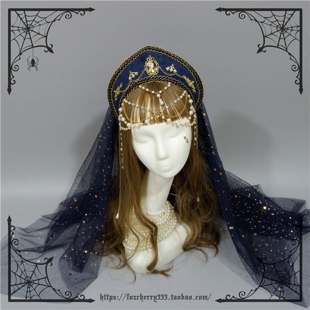 Fox Cherry-Lolita Palace Retro Gorgeous Flowers Headdress dark blue veil