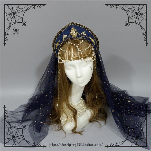 Fox Cherry-Lolita Palace Retro Gorgeous Flowers Headdress free size dark blue veil 