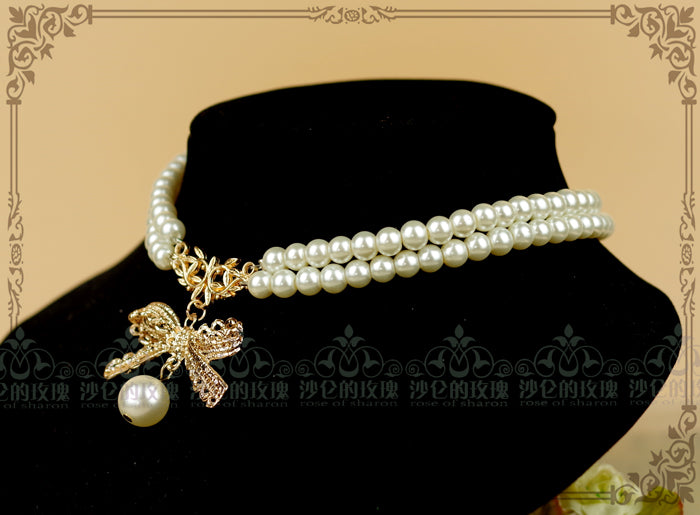 Rose of Sharon - Pearl Chain Lace Bow Lolita Kawaii Necklace