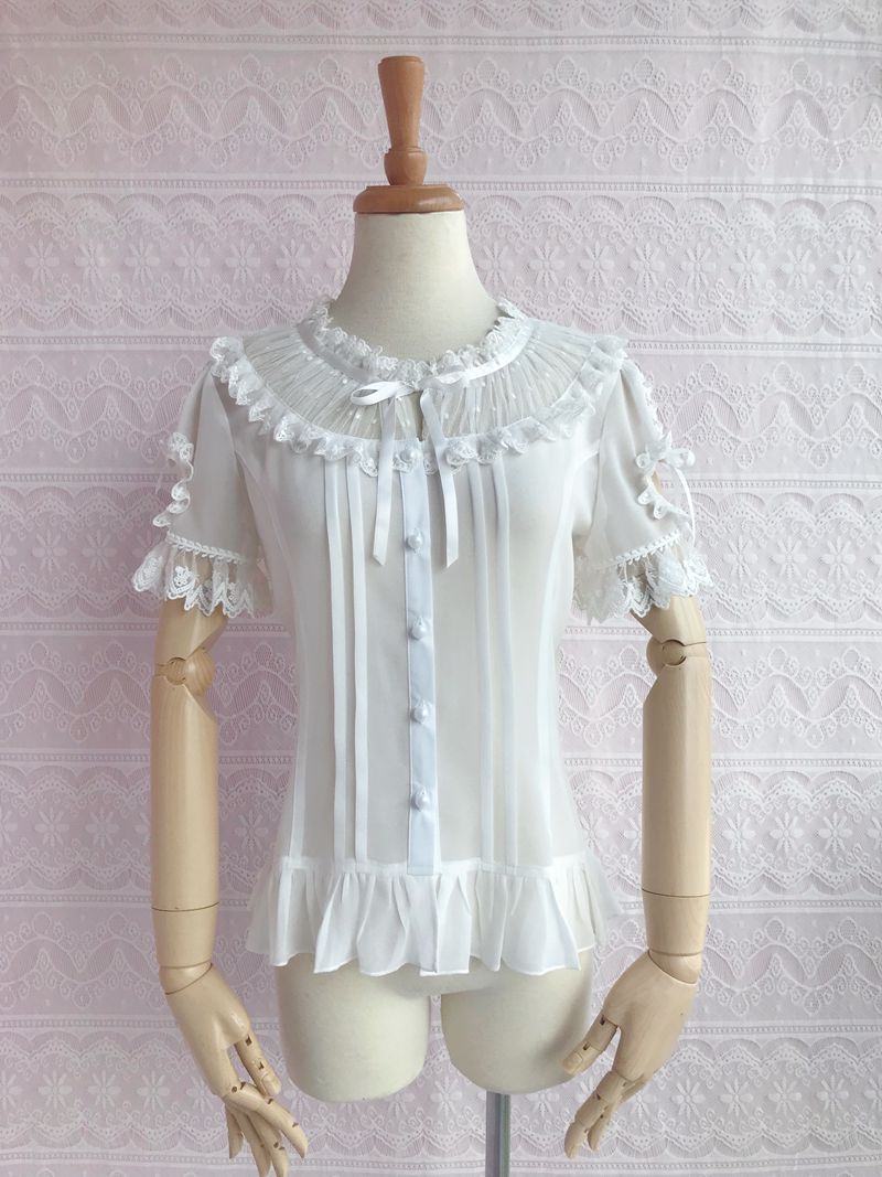 Yilia~Sweet Lolita Puff Sleeve Short Sleeve Blouse XS white 