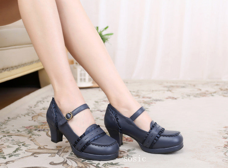 Sosic - Sweet High-heeled Plain Color Lolita Shoes 33 dark blue