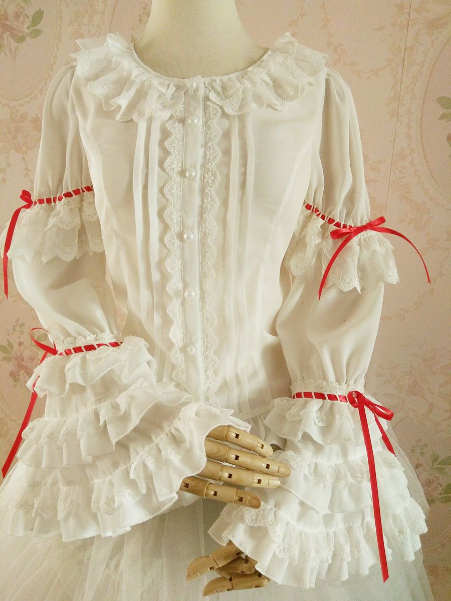 Yilia - Retro Red Bow Princess Long Sleeve Lolita Blouse XS milky white
