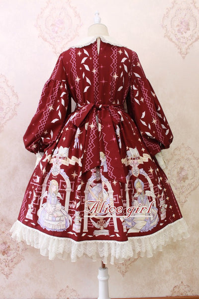 Alice Girl~Sweet Lolita OP Dress Angel Print Lace Ruffle Dress   