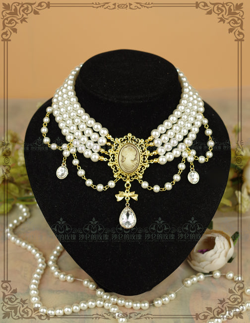 Rose of Sharon~ Classic Lolita Tiered Pearl Chain white necklace like the picture（36cm）