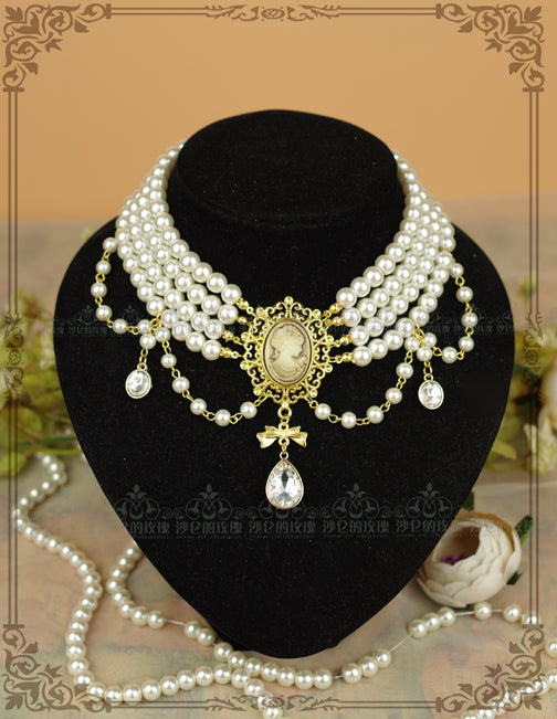 Rose of Sharon~ Classic Lolita Tiered Pearl Chain white necklace like the picture（36cm）  