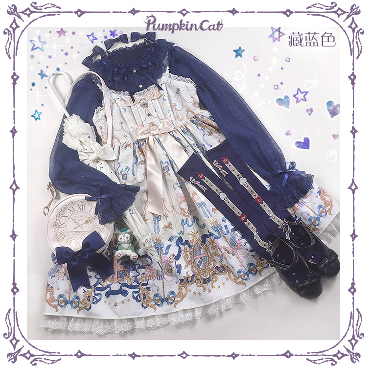 Pumpkin Cat~Solid Color Long Sleeve Lolita Blouse S dark blue (sleeve without lining) 