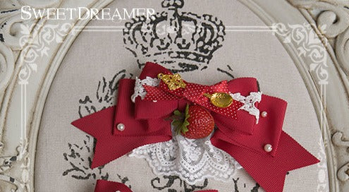 SweetDreamer~Dessert Party~Strawberry Tableware Lolita Bow Clip dark red  strawberry lace 1pcs  
