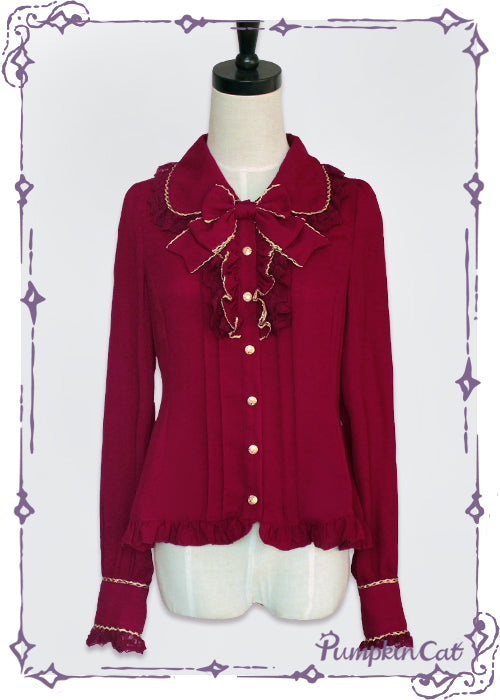 Pumpkin Cat~Gold Trim Long Sleeve Lolita Blouse S wine red (old version) 