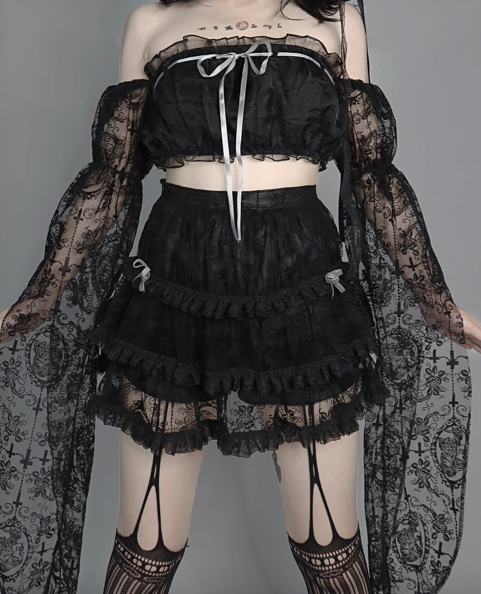 Blood Supply~Dark Feast~Gothic Cross Tiered Mesh Lolita Skirt   
