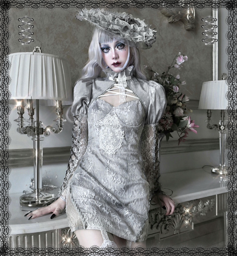 Blood Supply~Rose Funeral~Grey Tie-dyed Lace Lolita Dress   