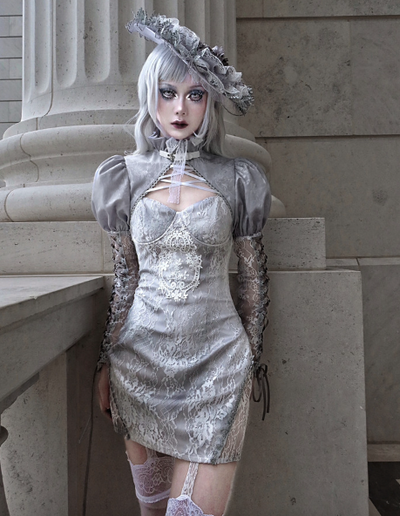 Blood Supply~Rose Funeral~Grey Tie-dyed Lace Lolita Dress   