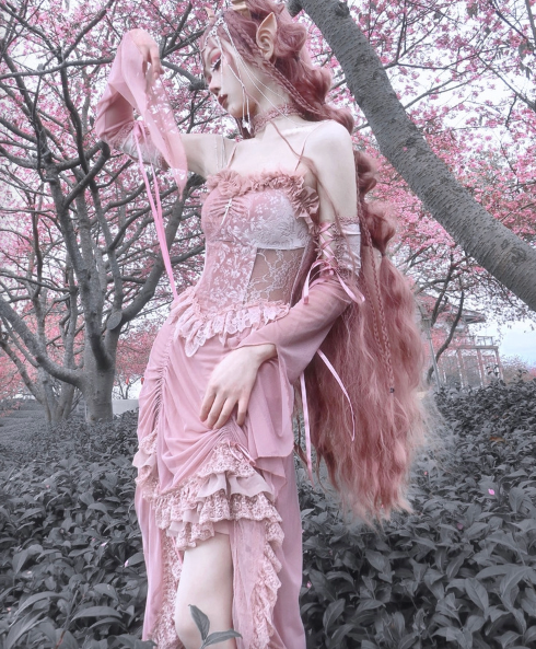 Blood Supply~Sakura Nightmare~Pink Gothic Velvet Drawstring Dress   