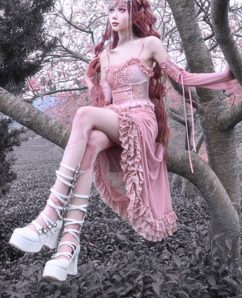 Blood Supply~Sakura Nightmare~Pink Gothic Velvet Drawstring Dress   