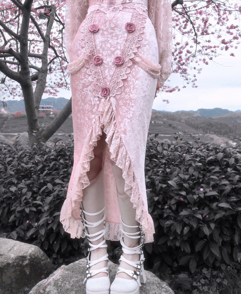 Blood Supply~Sakura Nightmare~Gothic Velvet Pink Mermaid Lolita Skirt S pink velvet mermaid SK 