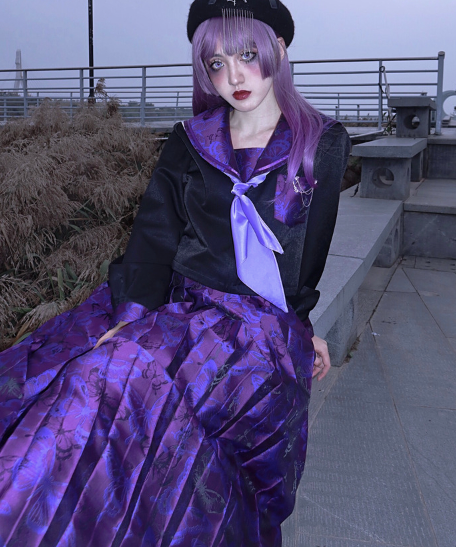 Blood Supply~Missing Purple Butterfly~Dark Purple JK Uniform Sailor Lolita Suit S JK long SK 
