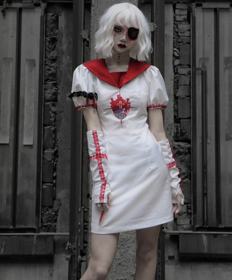 Blood Supply~Tokyo Bloodthirsty Girl~Gothic Lolita Halloween Embroidered Sailor OP   