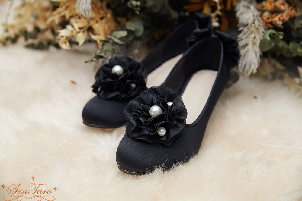 Sentaro~Snow Ear Satin Flower Lolita Tea Party Shoes 33 black 