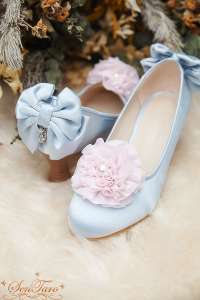 Sentaro~Snow Ear Satin Flower Lolita Tea Party Shoes 33 pink with blue 