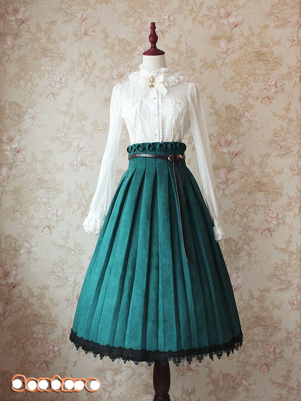 Sentaro~Warm Tea Suede~High Waist Pleated Lolita Skirt S dark green long version 