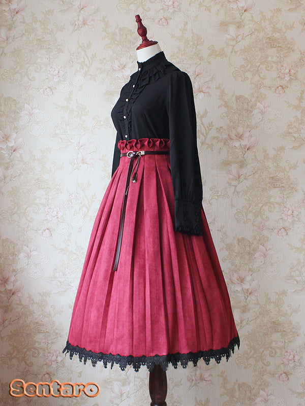 Sentaro~Warm Tea Suede~High Waist Pleated Lolita Skirt S wine red long version 