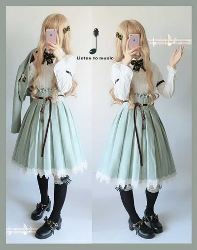 Sentaro~Warm Tea Suede~High Waist Pleated Lolita Skirt S pea green short version 