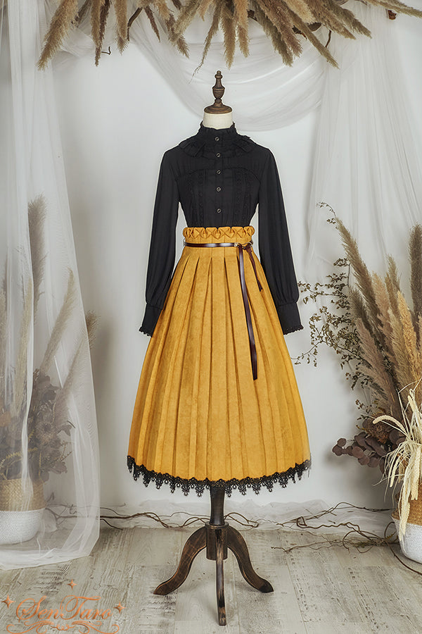 Sentaro~Warm Tea Suede~High Waist Pleated Lolita Skirt S yellow long version 