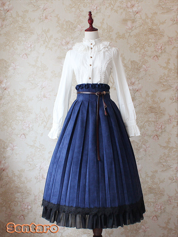 Sentaro~Warm Tea Suede~High Waist Pleated Lolita Skirt S navy blue long version 