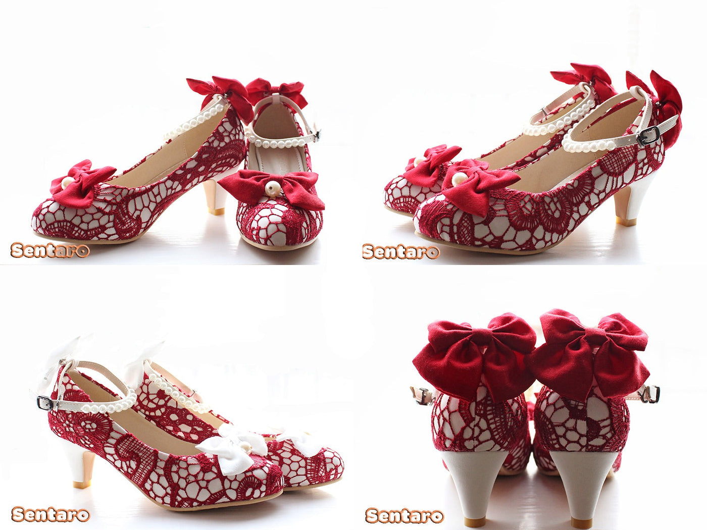 Sentaro Lace Bow Wedding Lolita Shoes Multicolors 36 red with white middle heel 