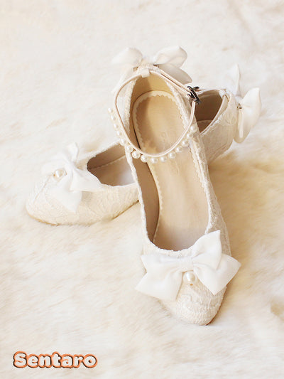 Sentaro Lace Bow Wedding Lolita Shoes Multicolors 36 white middle heel 